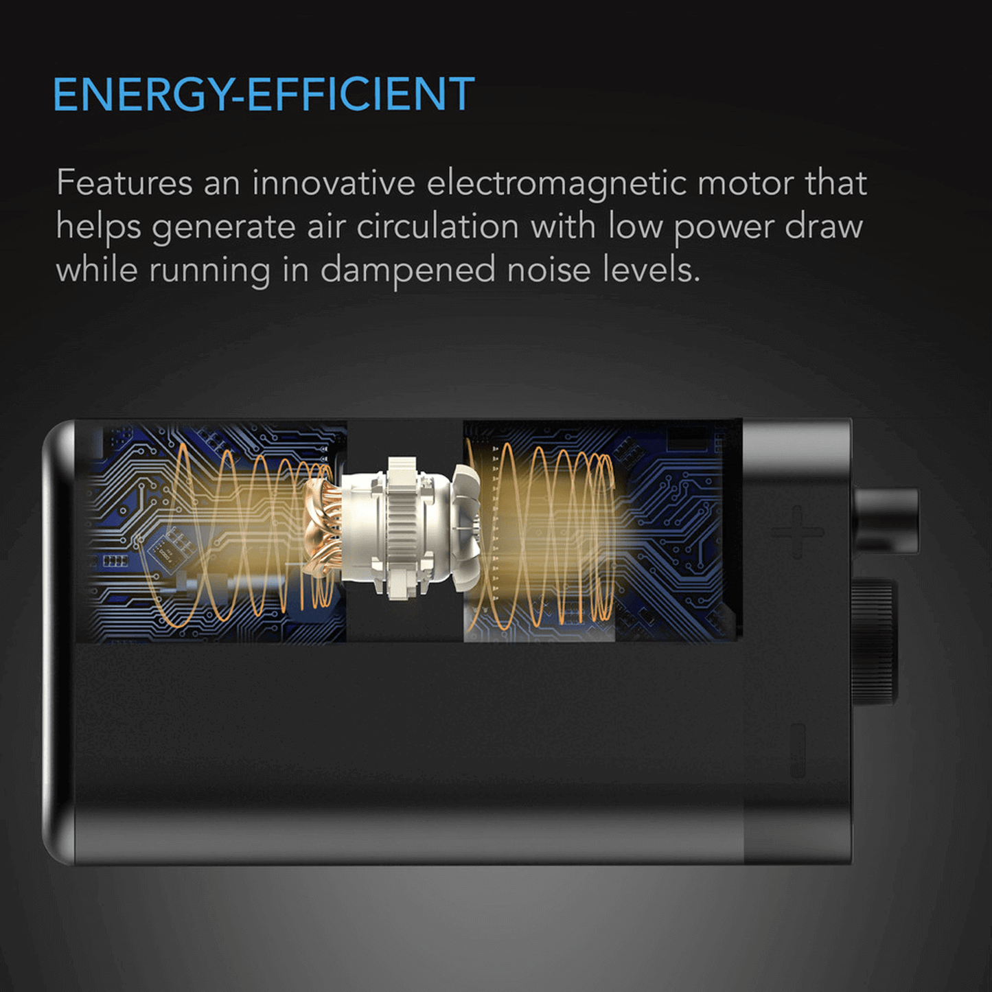 Cross-section of AC Infinity Hydroponics Air Pump showing electromagnetic motor for energy-efficient air circulation.