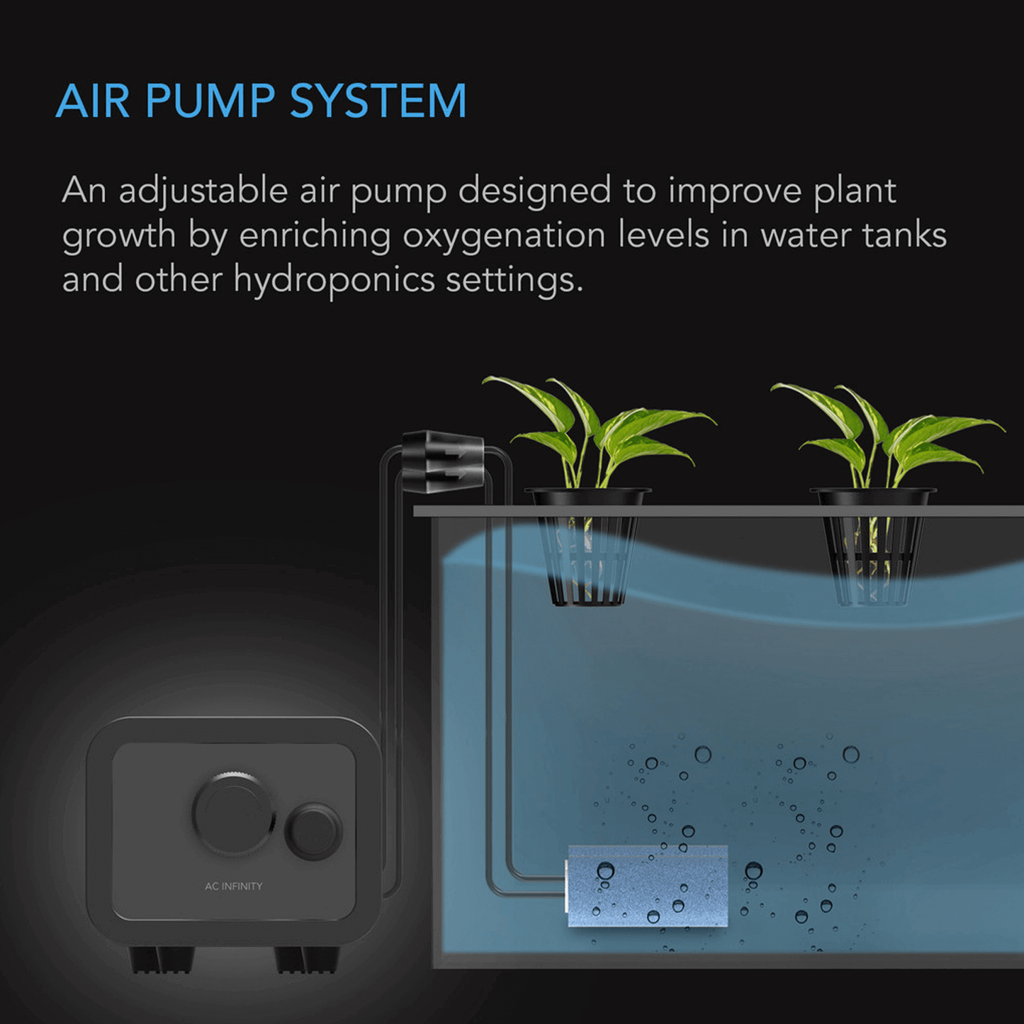 AC Infinity Hydroponics Air Pump, Two-Outlet Pumping Kit, 45 GPH (2.8 L/M) | AC-AUS42 | Grow Tents Depot | Planting & Watering | 819137023703