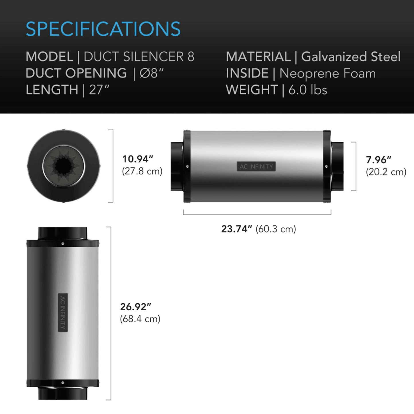 AC Infinity Inline Duct Fan Silencer 8-inch, galvanized steel, neoprene foam, specifications with dimensions and material details