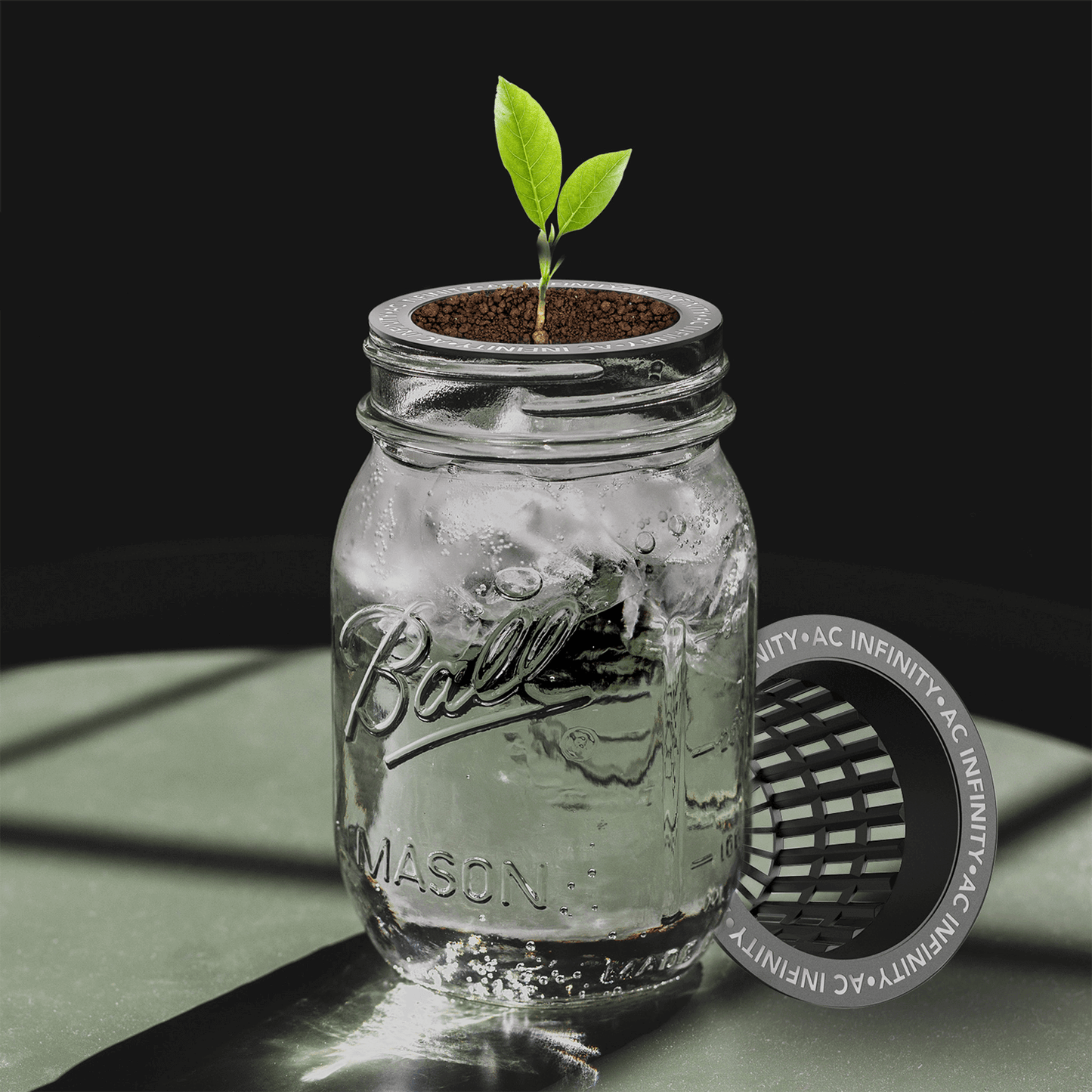 AC Infinity Mesh Net Cup in jar demonstrating plant growth with nutrient flow in hydroponic setup.