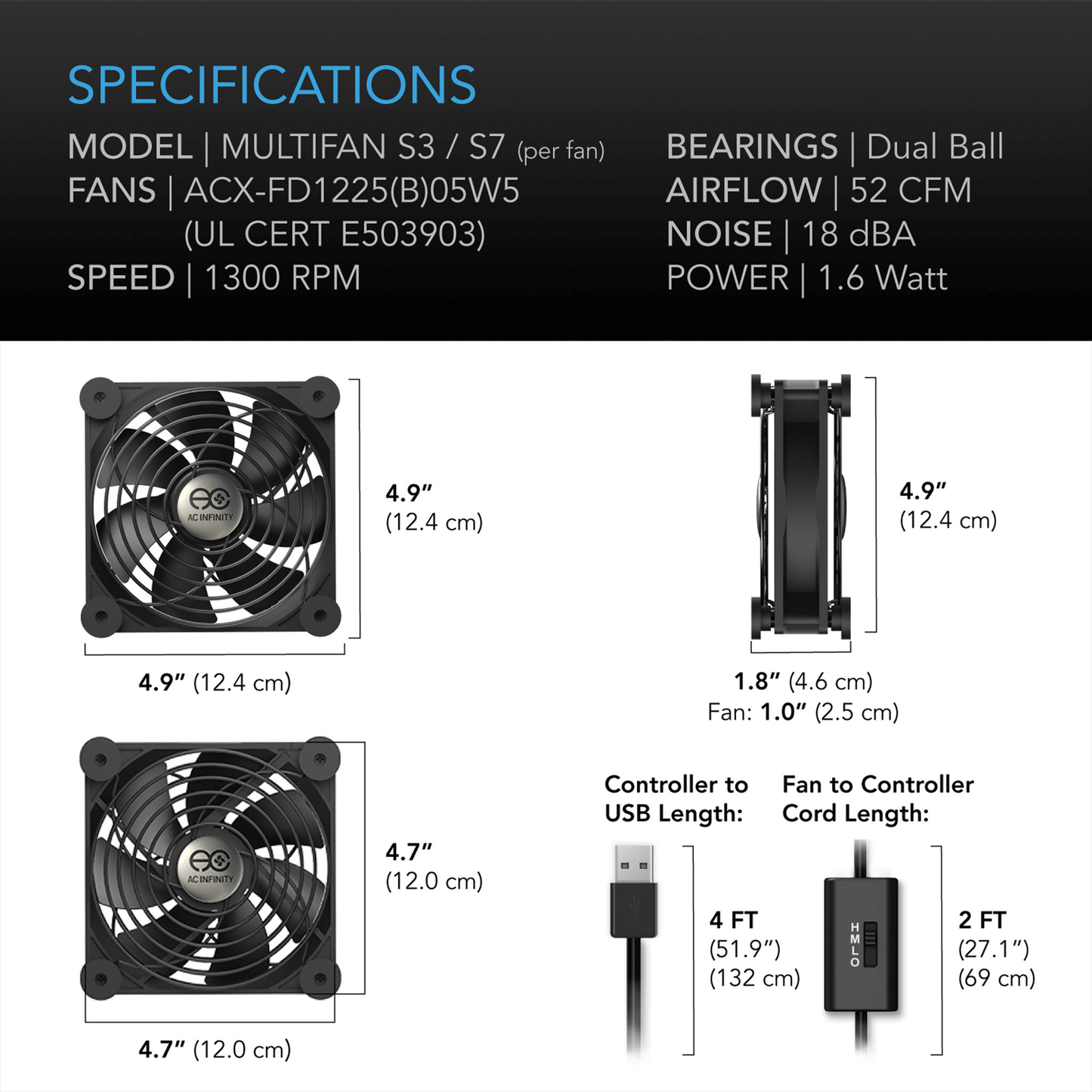 AC Infinity MULTIFAN S3, Quiet USB Cooling Fan, 120mm AI-MPF120A Climate Control 854759004310