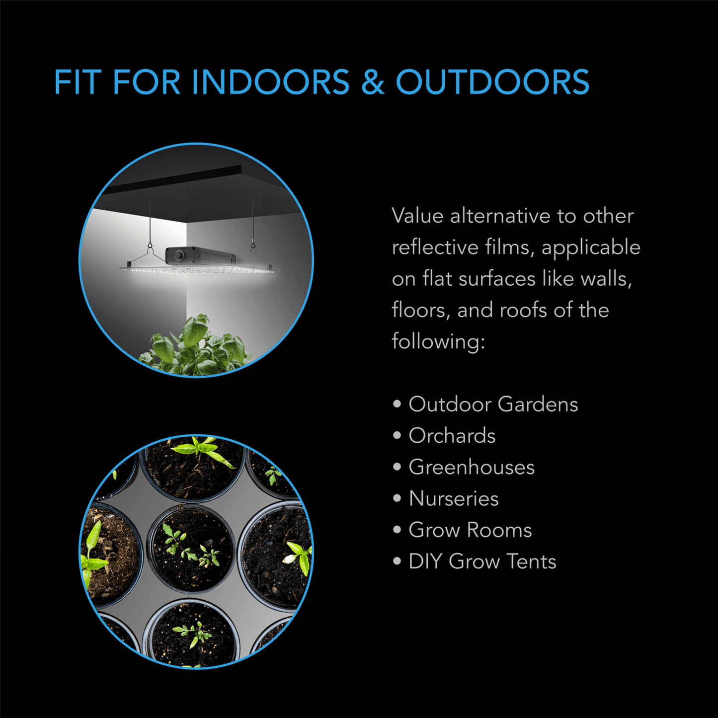 "AC Infinity Mylar Film optimal for indoor and outdoor plant growth, suitable for gardens, greenhouses, and grow rooms"