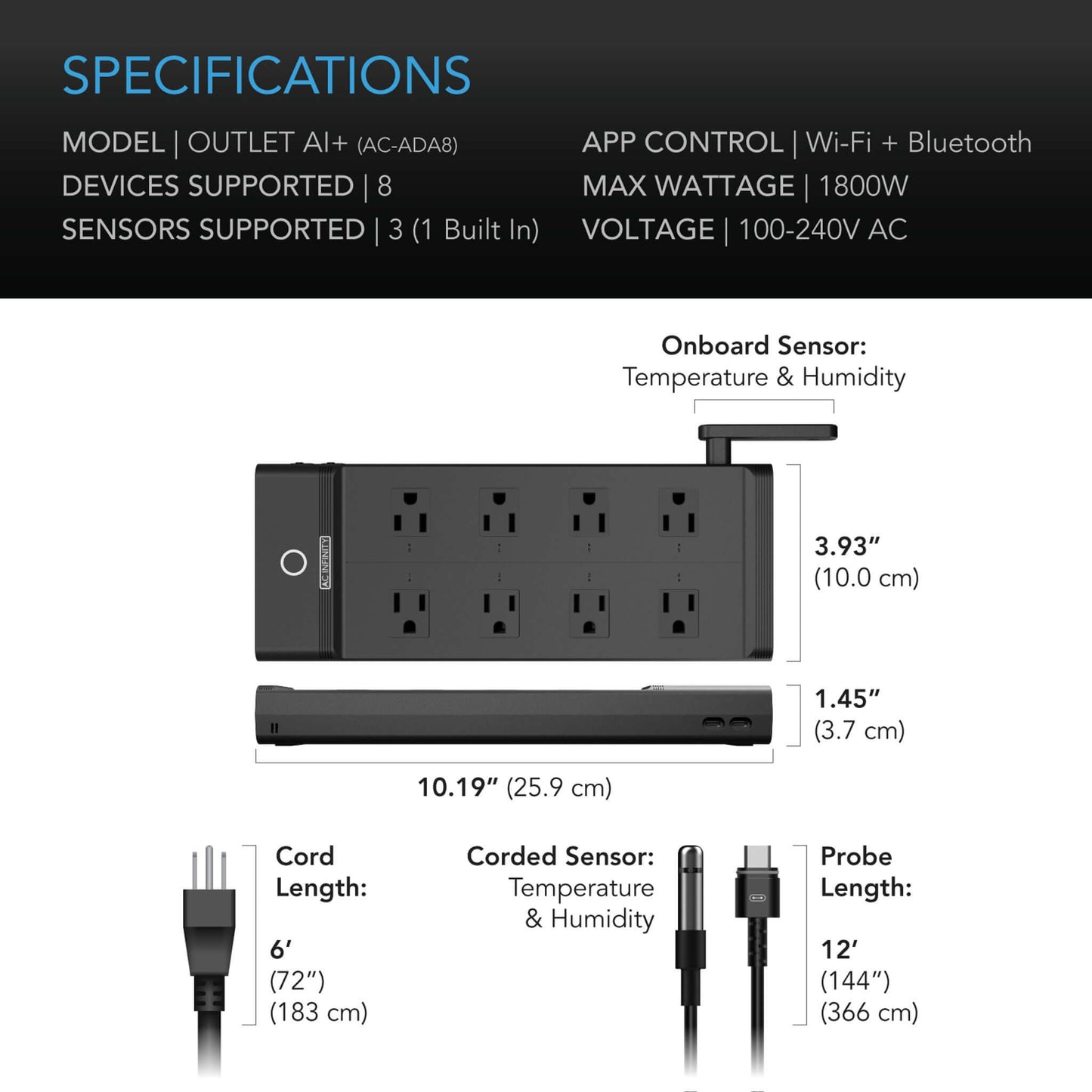 AC Infinity OUTLET AI+ Environment Controller, Smart WiFi Outlets, Dual-Zone Temperature Humidity, AI Targeting, Dynamic ON/OFF Programming, Expandable Sensors, Individual Control 8-Plugs, 1800W