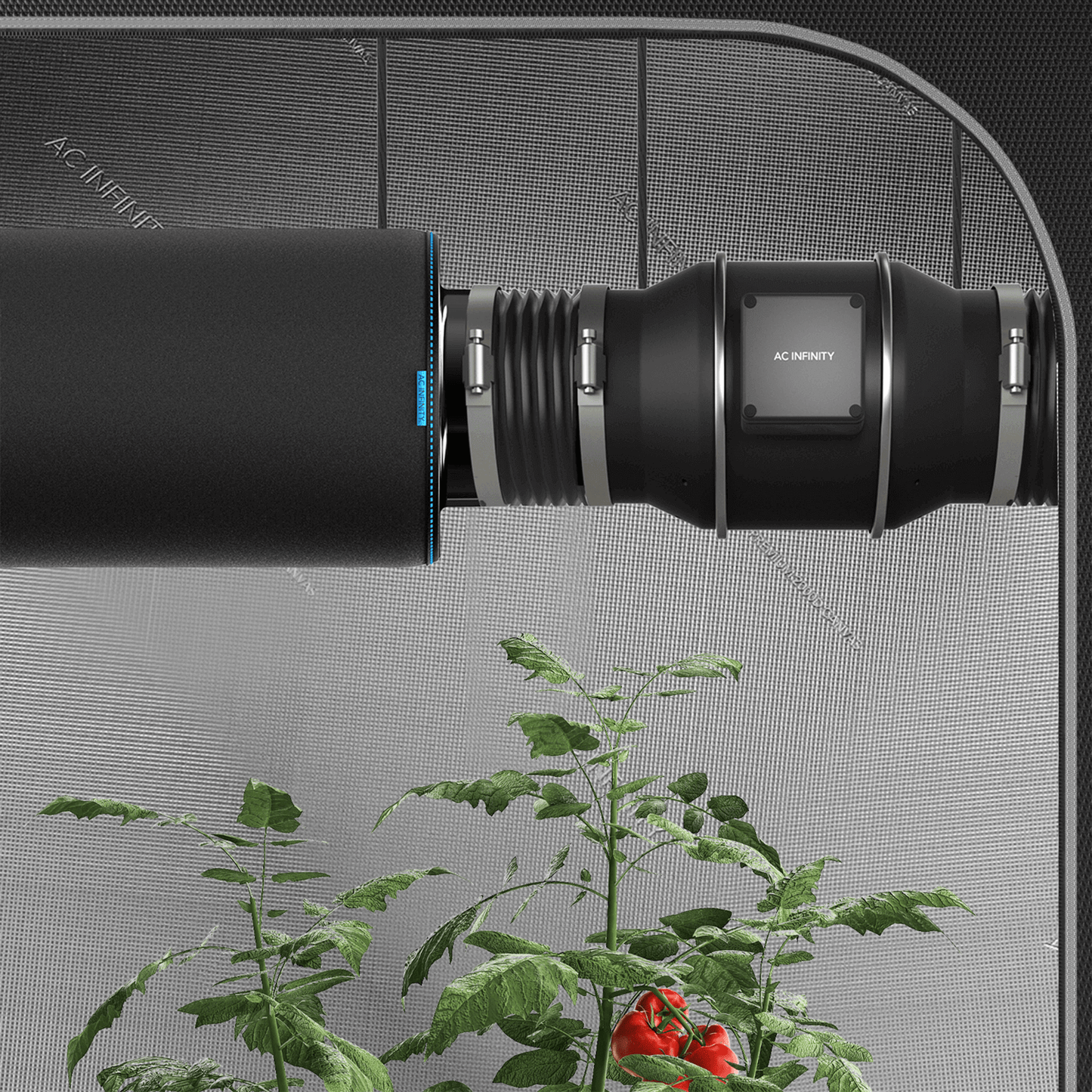 AC Infinity pre-filter cloth on 10-inch inline carbon filter protecting plants by filtering dust and pollen in a grow tent.