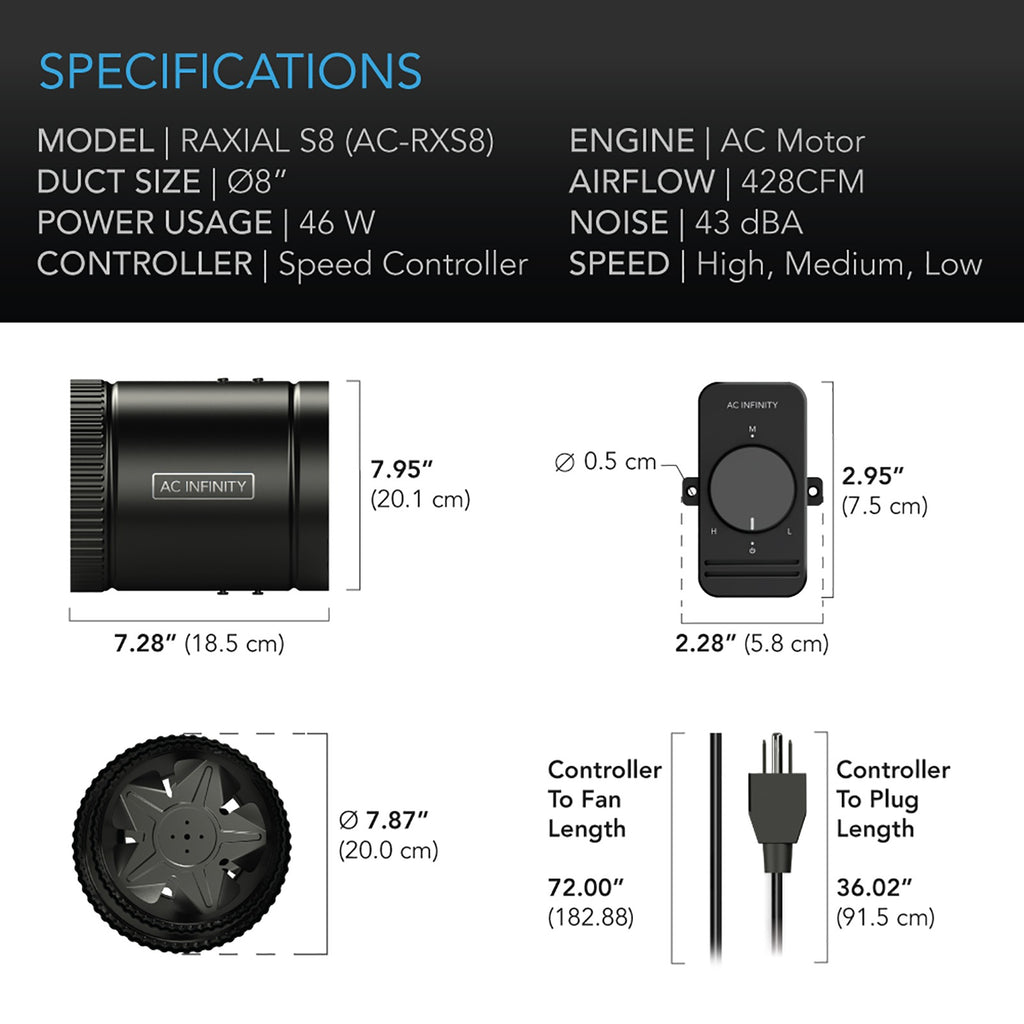 AC Infinity RAXIAL S8 Inline Booster Duct Fan w/ Speed Controller product image 6