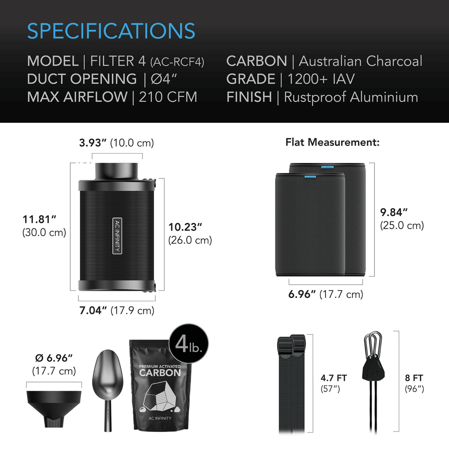 AC Infinity 4-Inch Carbon Filter Kit specifications with Australian charcoal, 210 CFM airflow, and rustproof aluminum finish