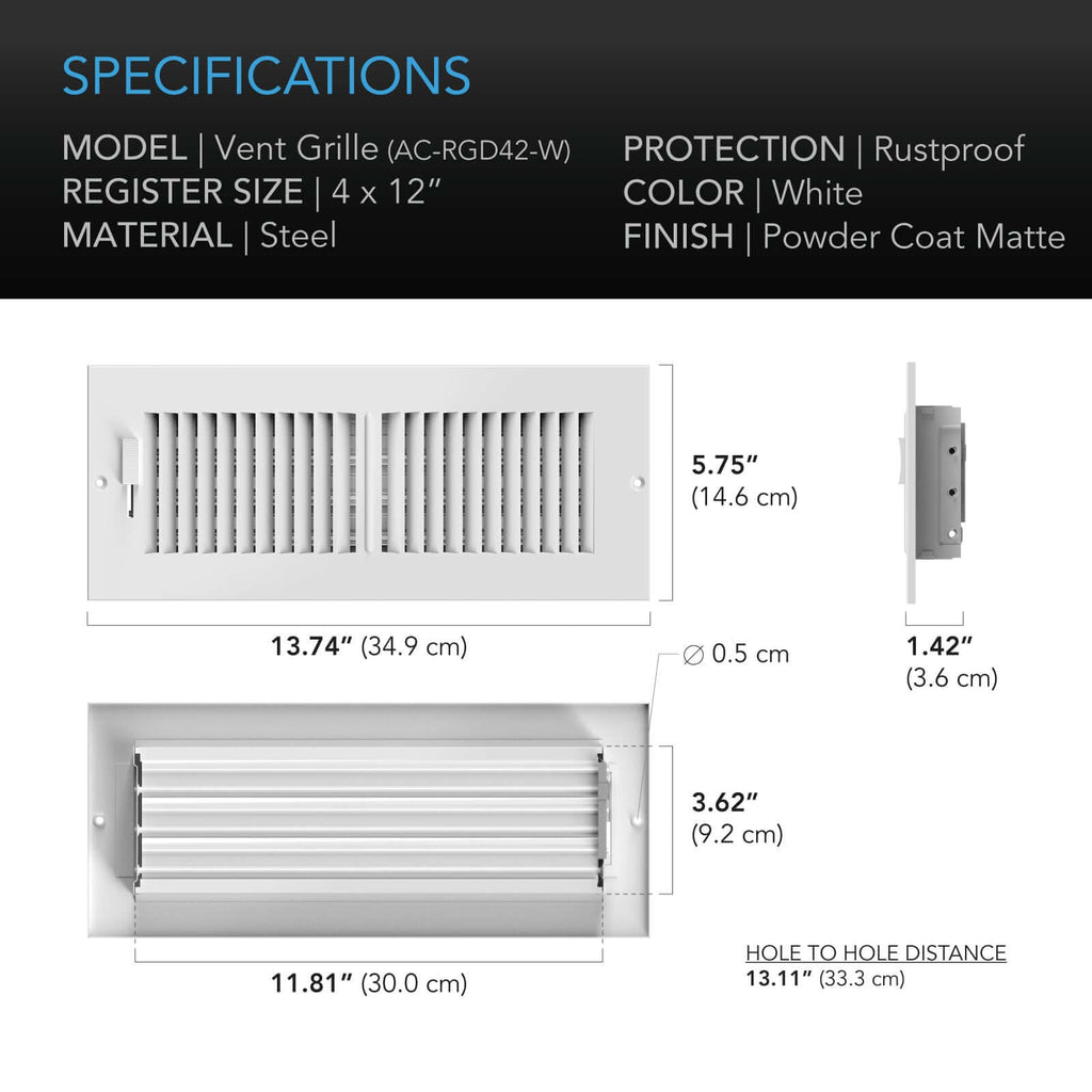 AC Infinity Register Ventilation Grille 4" x 12" White product image 5