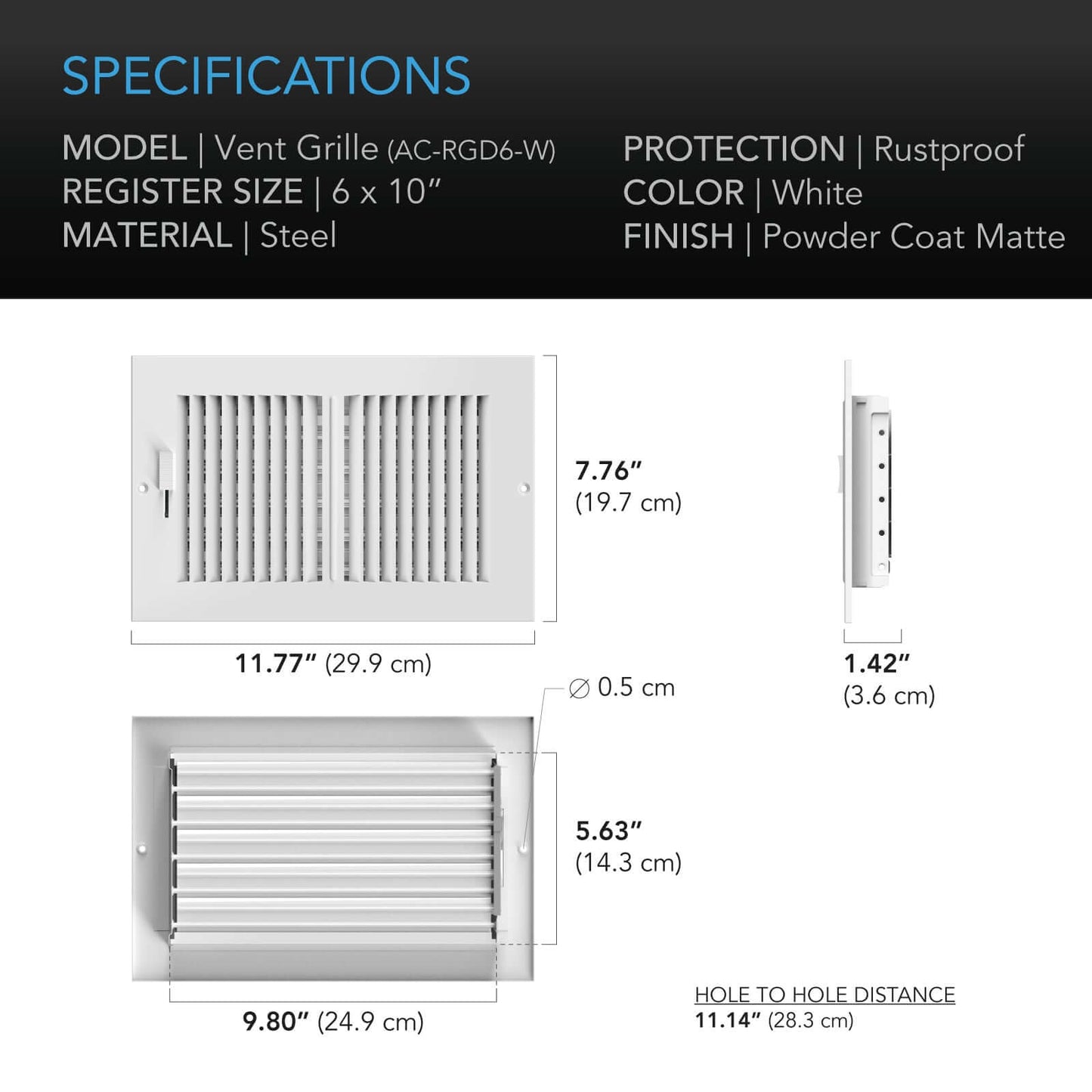 AC Infinity Register Ventilation Grille 6" x 10" White product image 5