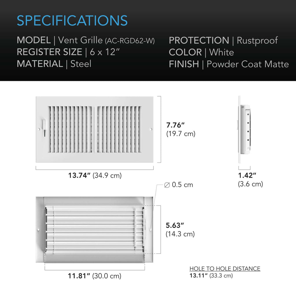 AC Infinity Register Ventilation Grille 6" x 12" White product image 5