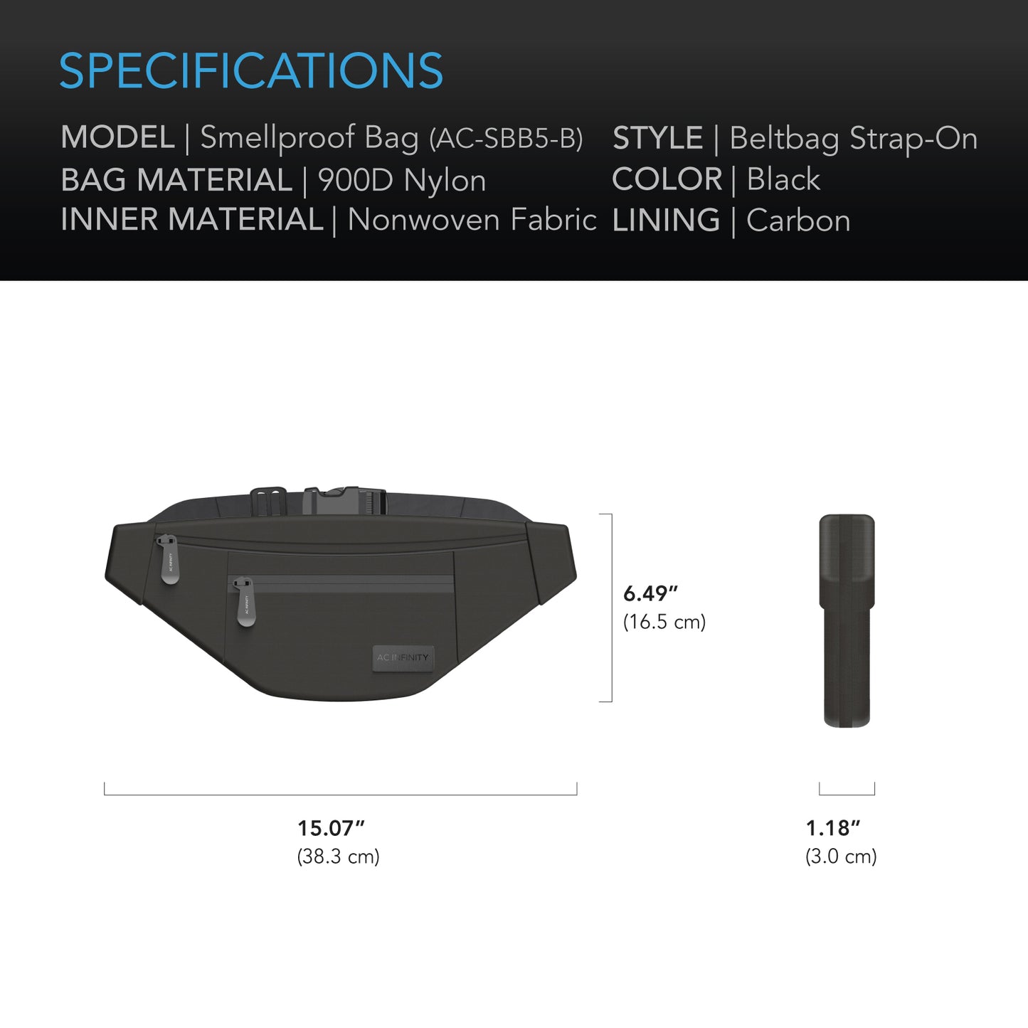 AC Infinity Smell Proof Belt Bag Black w/ 900D Nylon Fabric & Carbon product image 6