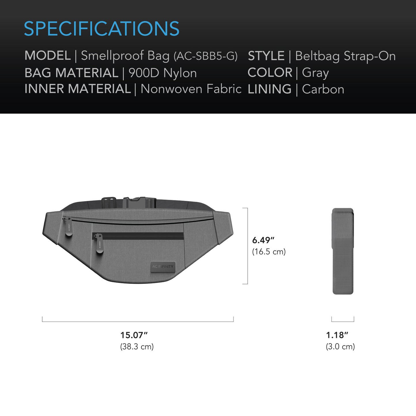 AC Infinity Smell Proof Belt Bag Gray w/ 900D Nylon Fabric & Carbon product image 6