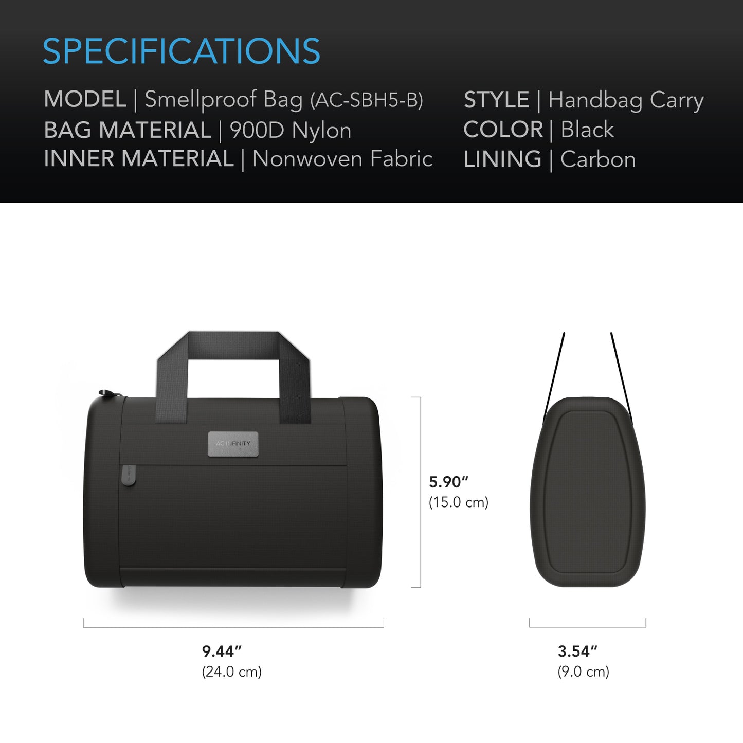 AC Infinity Smell Proof Handbag Black w/ 900D Nylon Fabric & Carbon product image 6