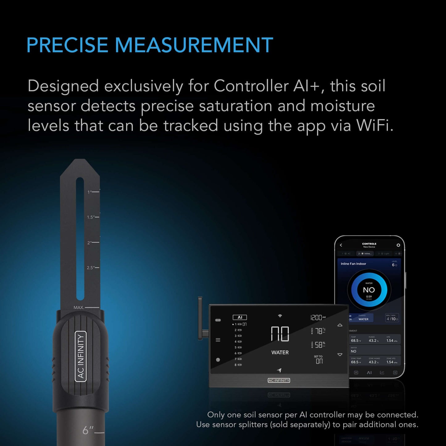 AC Infinity Soil Sensor Probe Exclusively for Controller AI+, Monitors Moisture and Saturation Levels, IP67-Water Resistant