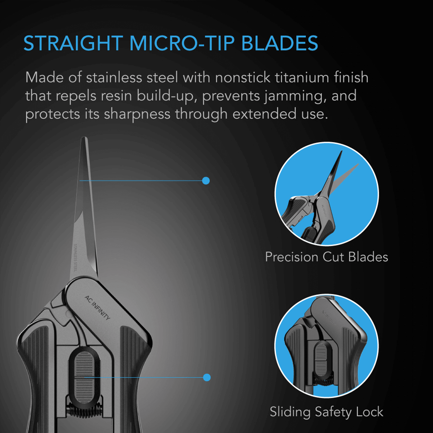 AC Infinity pruning shear with straight micro-tip blades, non-stick titanium, precision cut, and sliding safety lock.