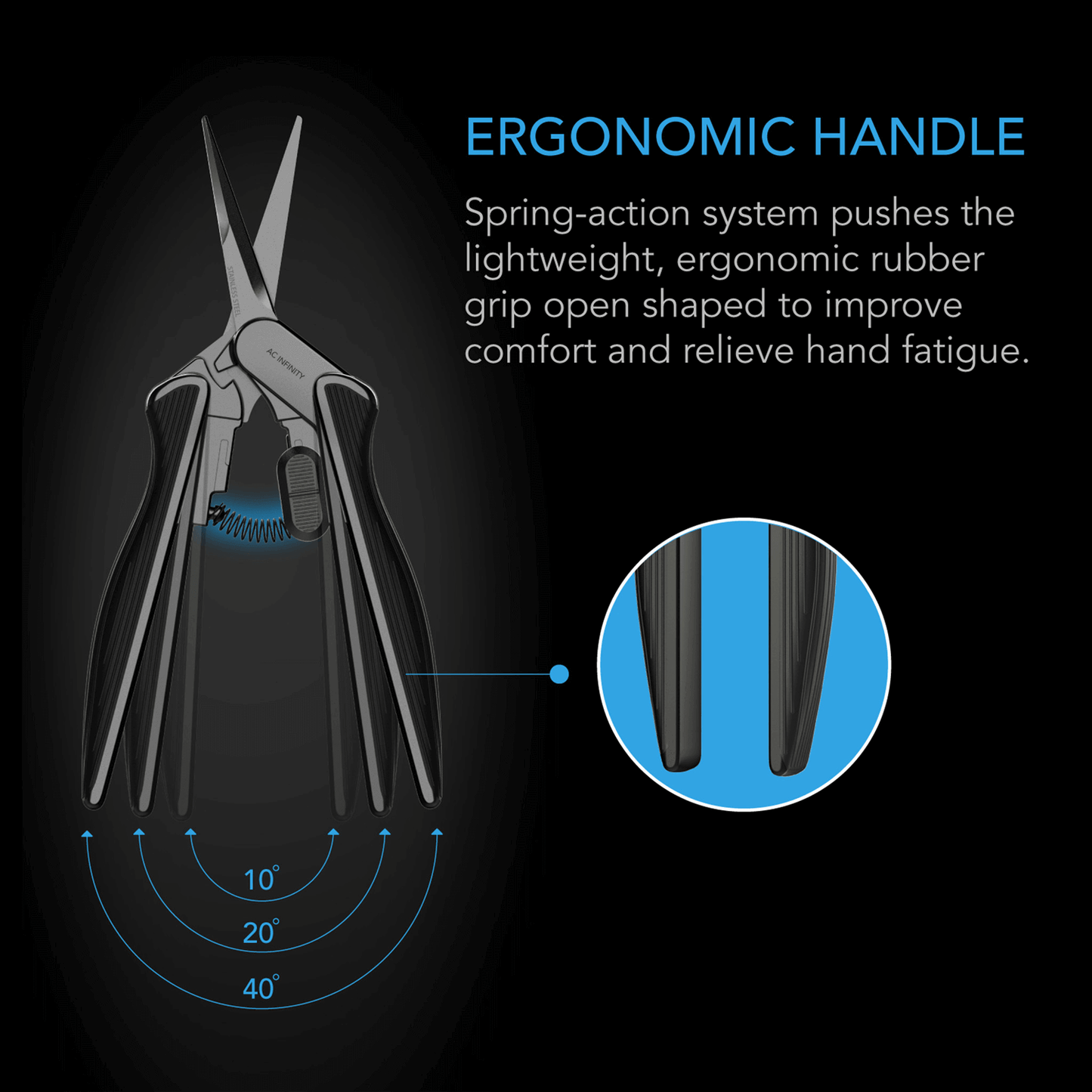 AC Infinity pruning shear with ergonomic handle, spring-action design for comfort and reduced hand fatigue.