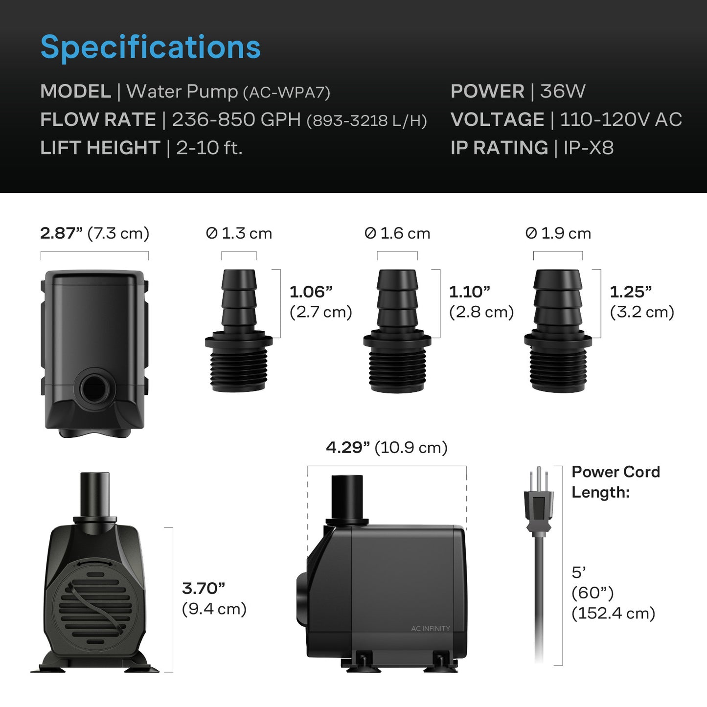 AC Infinity Submersible Water Pump 10-Feet Lift Height 792 GPH (3000 product image 8