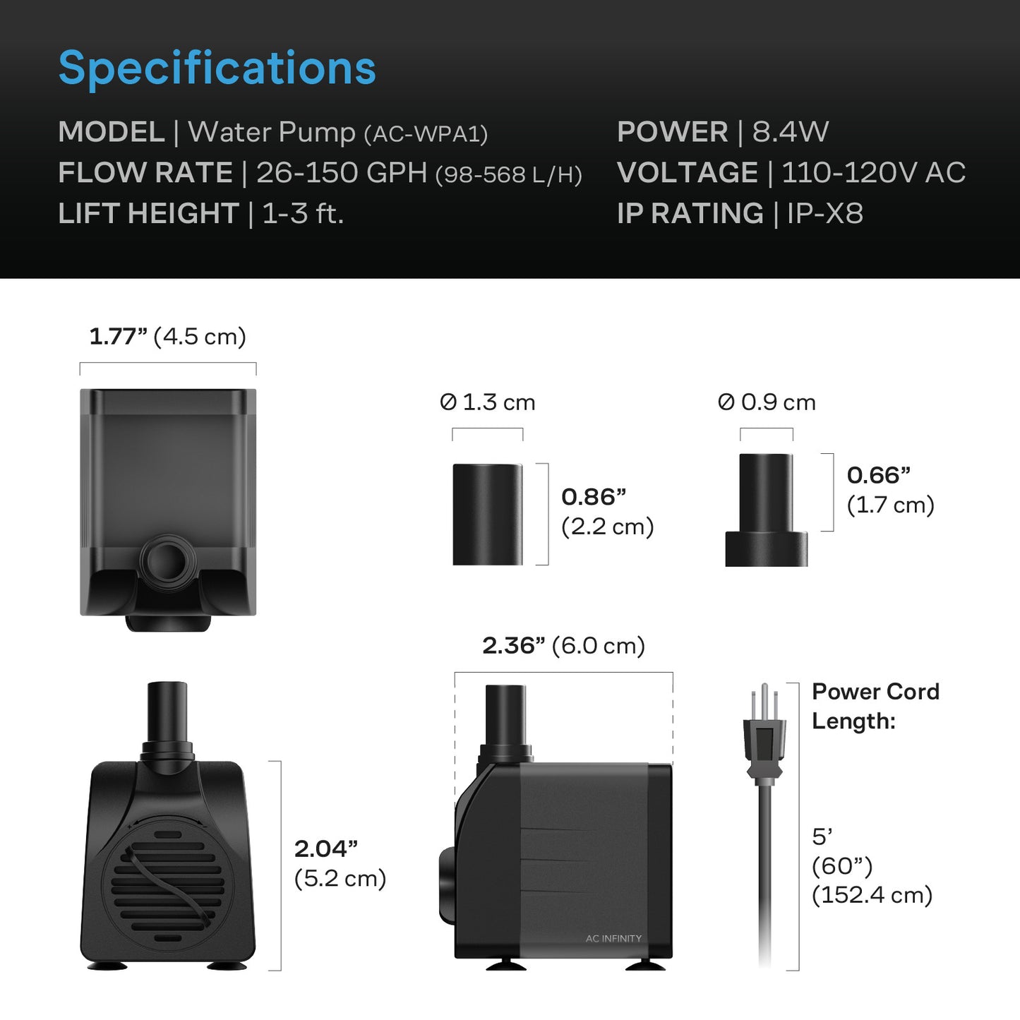 AC Infinity Submersible Water Pump 3-Feet Lift Height 132 GPH (500 product image 8