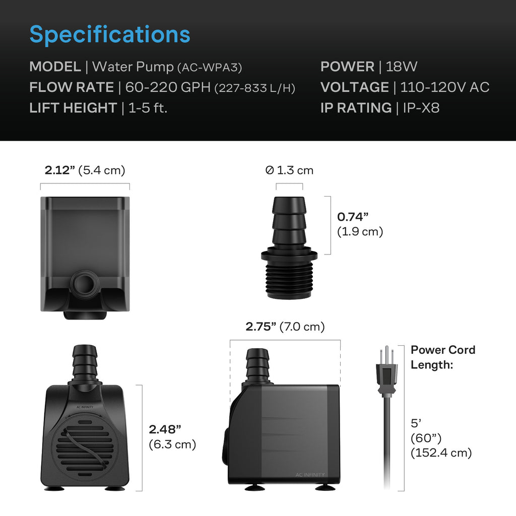 AC Infinity Submersible Water Pump 5-Feet Lift Height 211 GPH (800 product image 7