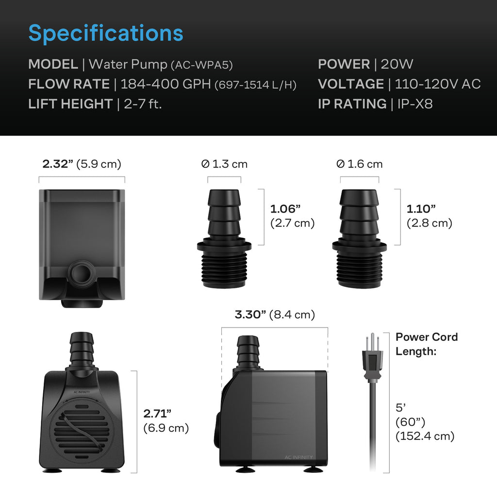 AC Infinity Submersible Water Pump 5-Feet Lift Height 396 GPH (1500 product image 8