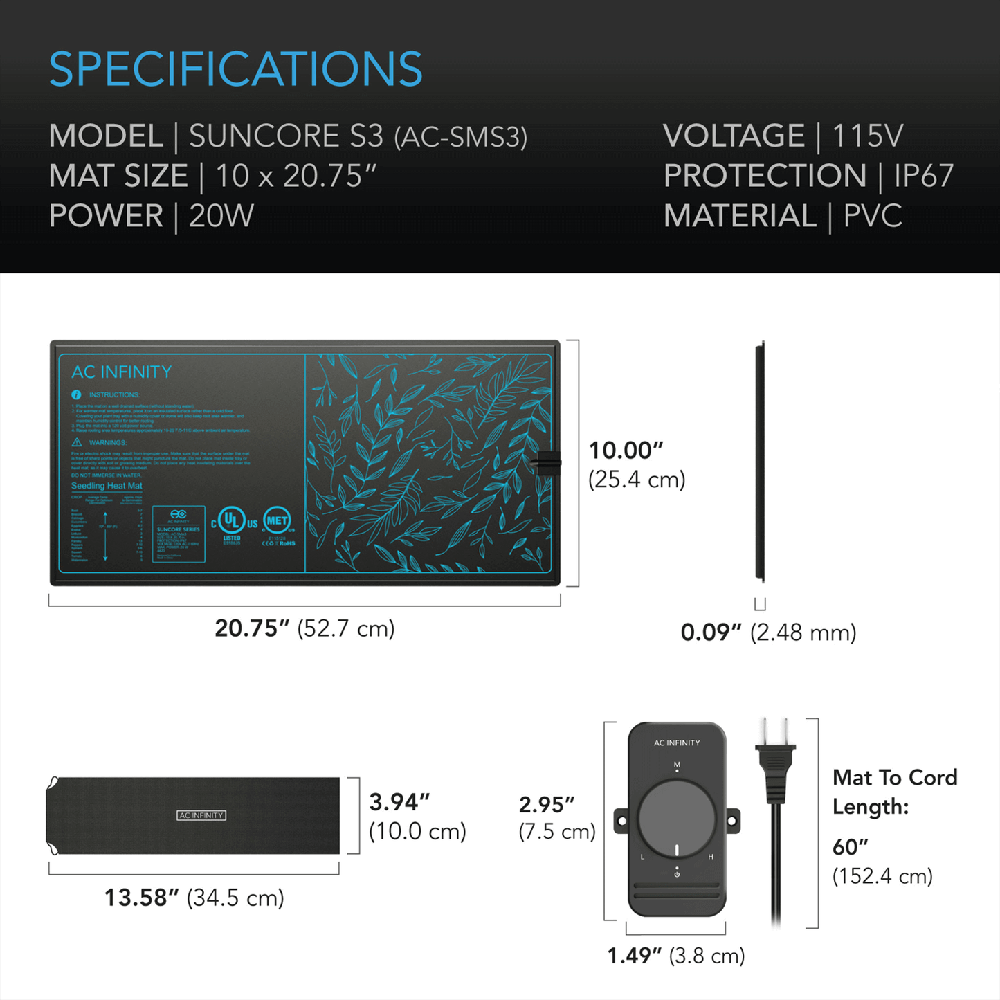 "AC Infinity Suncore S3 Seedling Heat Mat Specifications and Dimensions"