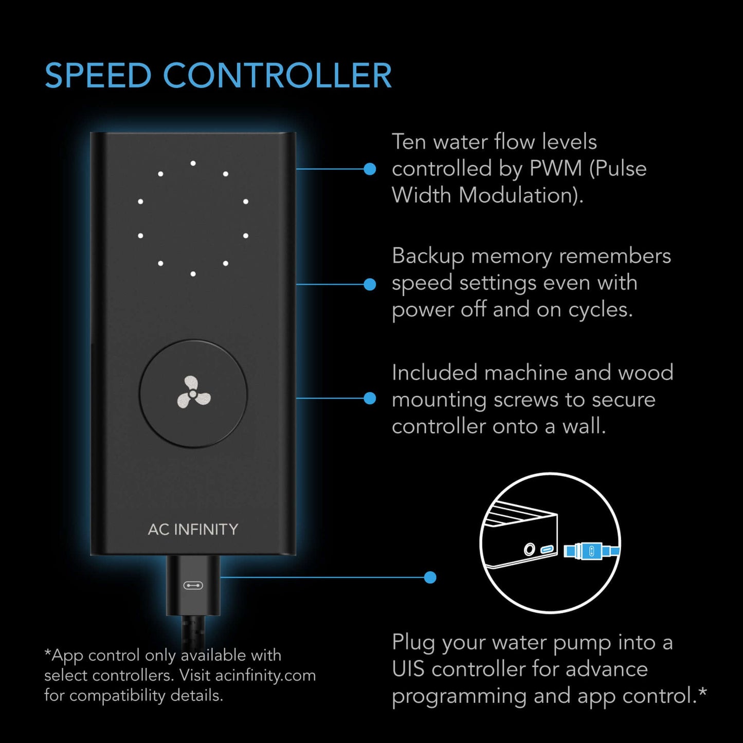 AC Infinity UIS Amphibious Pump 24W, 10-Speed Precision DC Motor, 6-Feet Lift Height, 528 GPH (2000 L/H) for Submersible / Inline Use