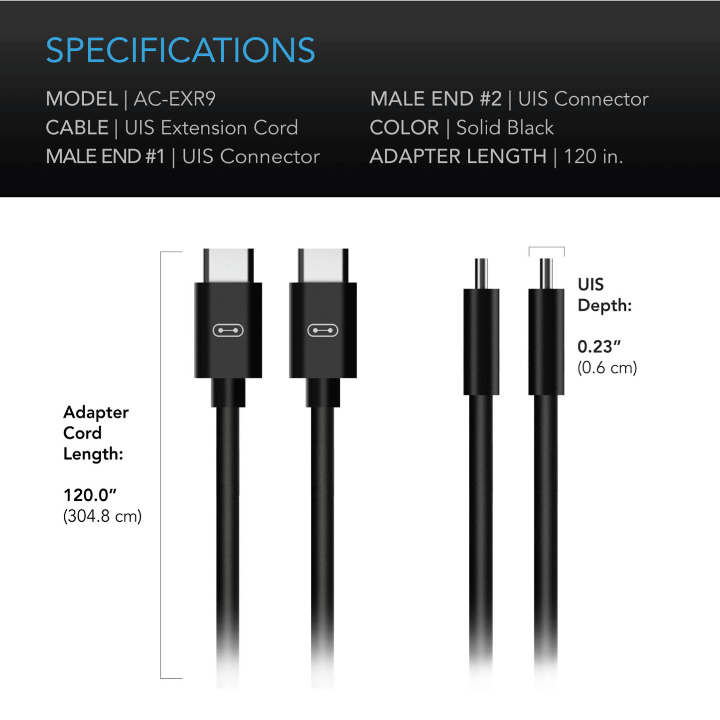 AC Infinity UIS Extension Cable specifications with connectors and dimensions displayed.