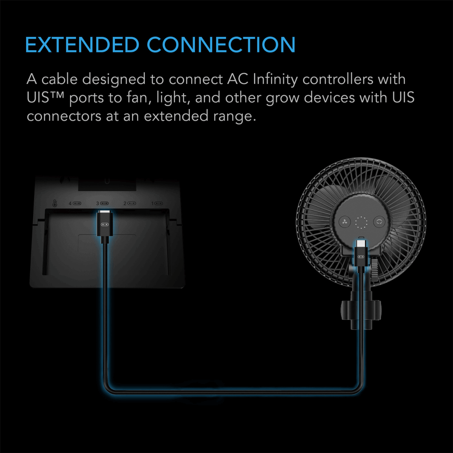 AC Infinity UIS to UIS Extension Cable connecting controller to fan and light for enhanced grow device control.