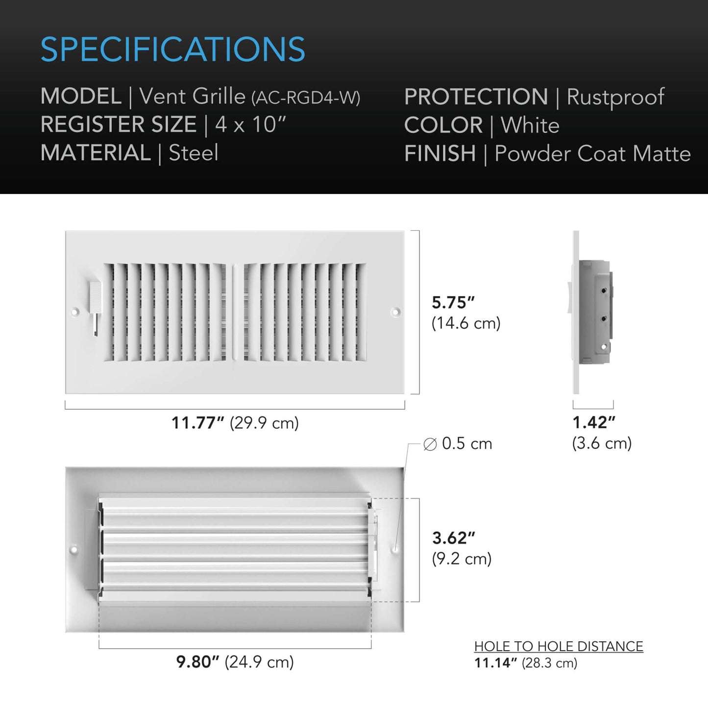 AC Infinity Register Ventilation Grille 4" x 10", White