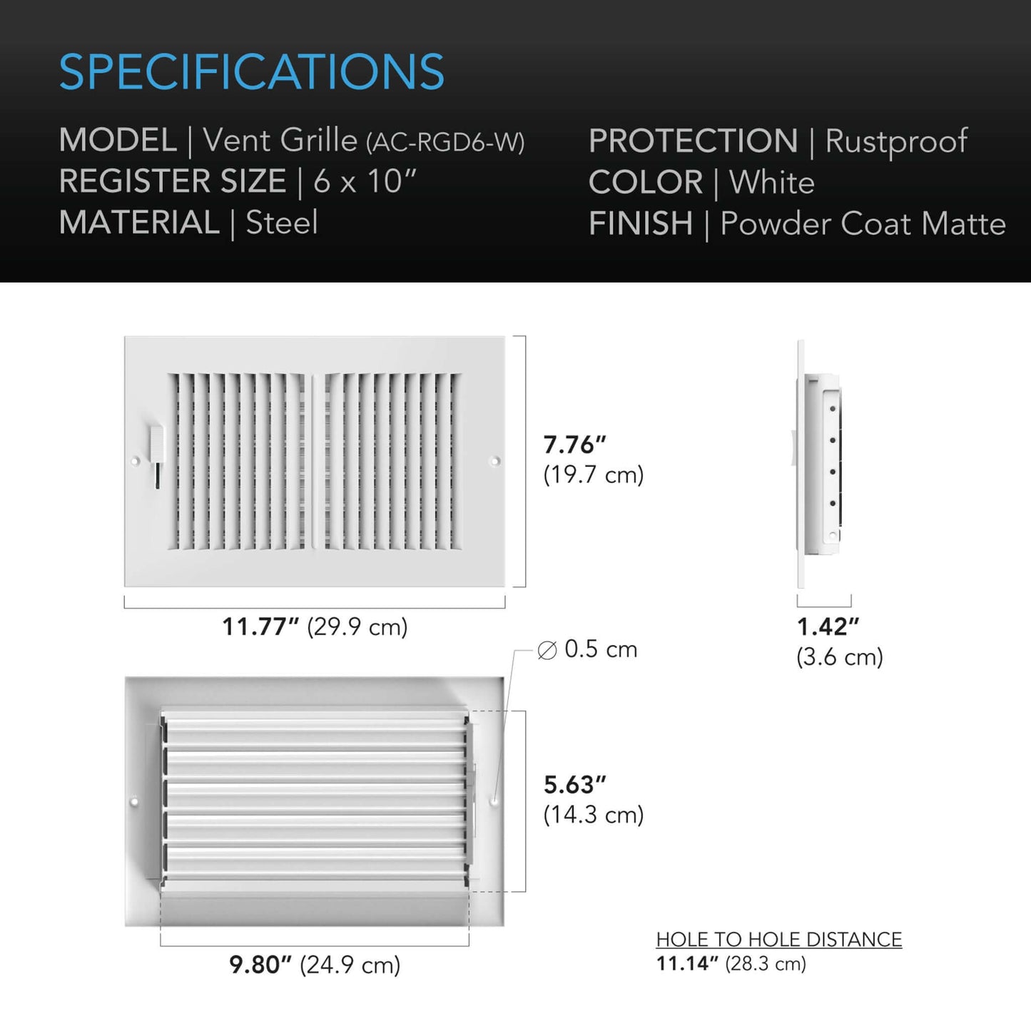 AC Infinity Register Ventilation Grille 6" x 10", White