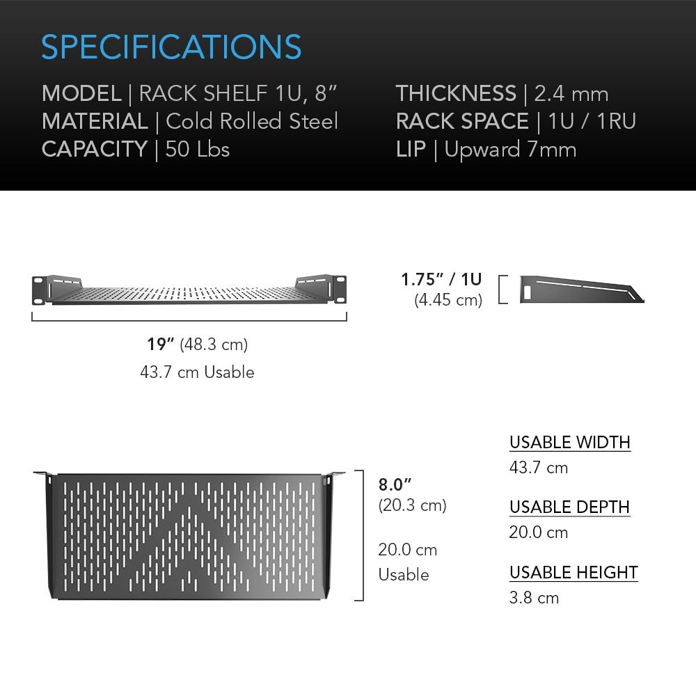 AC Infinity Vented Cantilever 1U Rack Shelf 8" product image 6