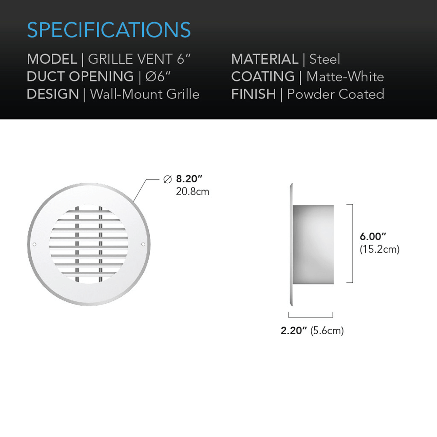 AC Infinity Wall Mount Duct Grille Vent, White Steel, 6-Inch AC-DGM6-W Climate Control 819137020702
