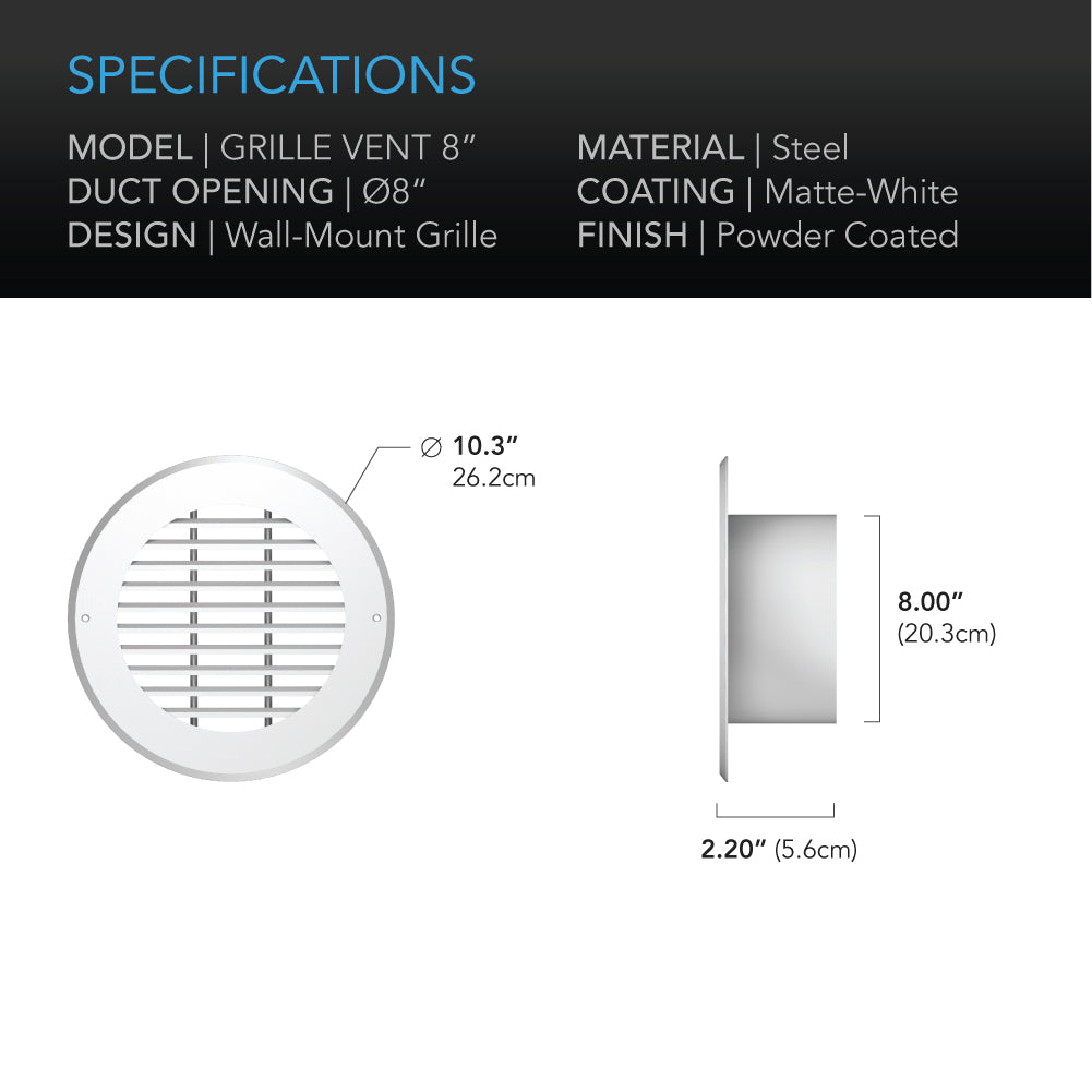 AC Infinity Wall Mount Duct Grille Vent White Steel 8-Inch product image 4