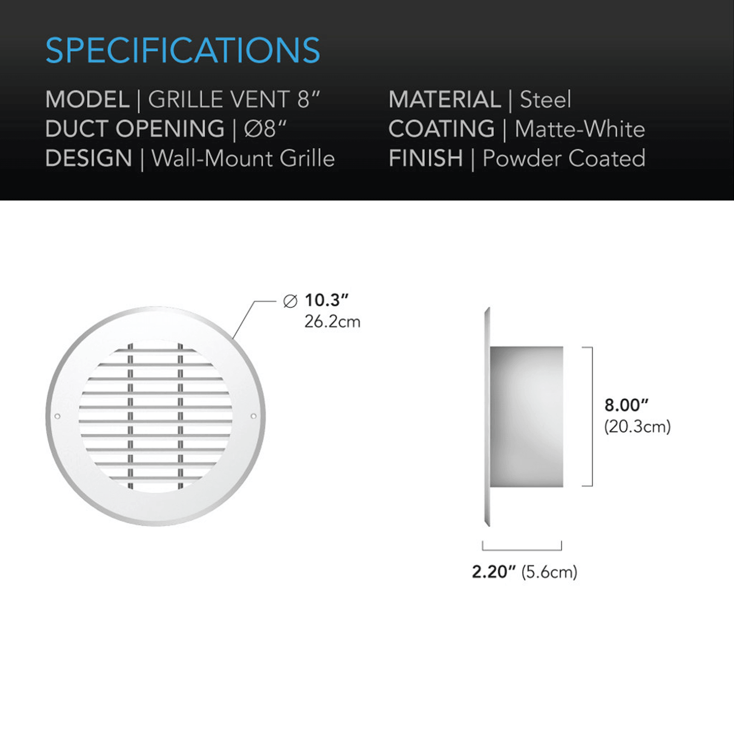 Wall-mounted white steel duct grille vent, 8-inch diameter, durable matte-white powder finish, easy installation and specifications.