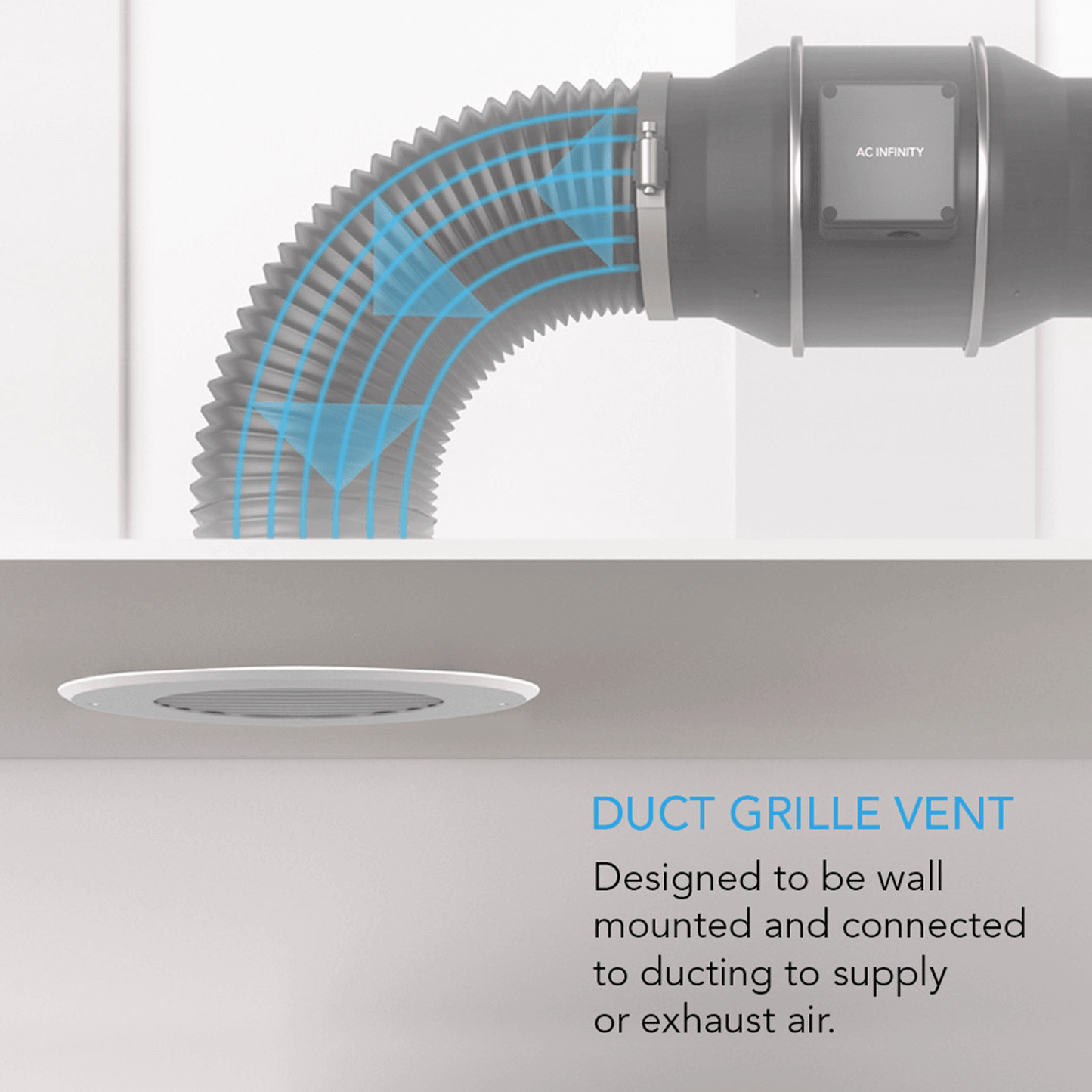 AC Infinity wall mount duct grille vent connected to ducting for air supply or exhaust, shown with heavy-duty steel design.