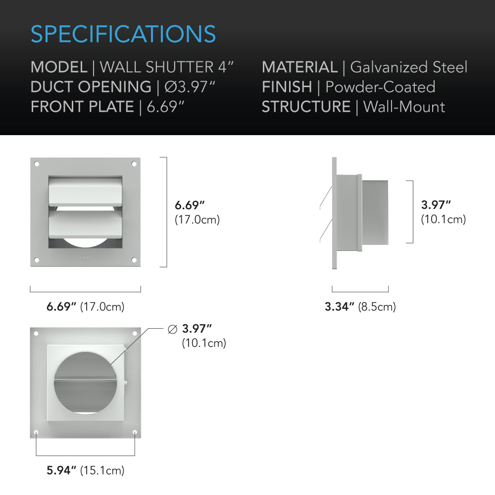 AC Infinity Wall Mount Duct Shutter 4-Inch White Steel product image 4