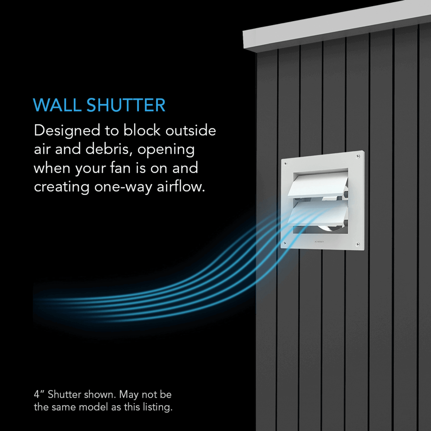 "AC Infinity 4-Inch Wall Mount Duct Shutter blocking outside air with one-way airflow, white steel design on exterior wall."