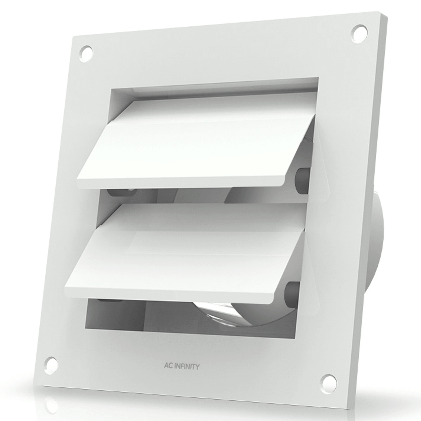 AC Infinity 4-Inch White Steel Wall Mount Duct Shutter for HVAC, with non-return louvers and rubber stoppers for secure closure.