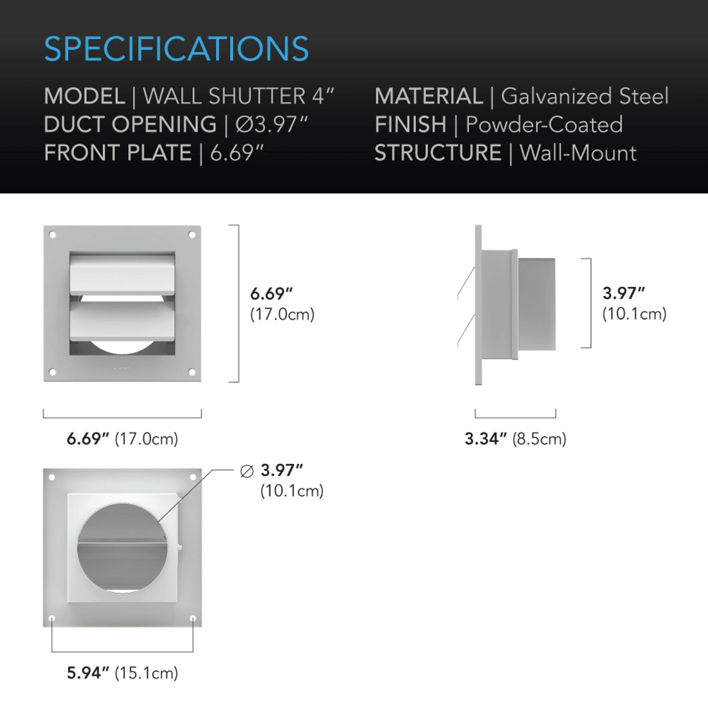 AC Infinity Wall Mount 4-Inch Duct Shutter Specifications and Dimensions.