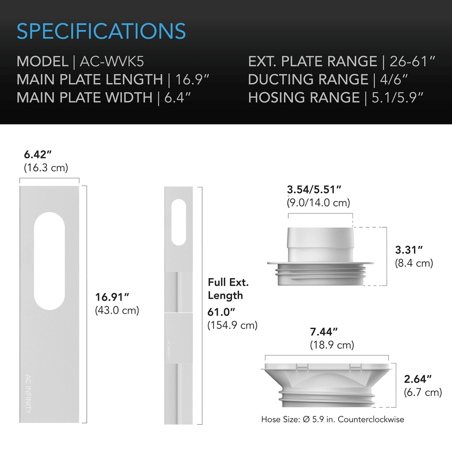 AC Infinity Window Duct Kit, Adjustable Vent Port for Inline Fans AC-WVK5 Climate Control