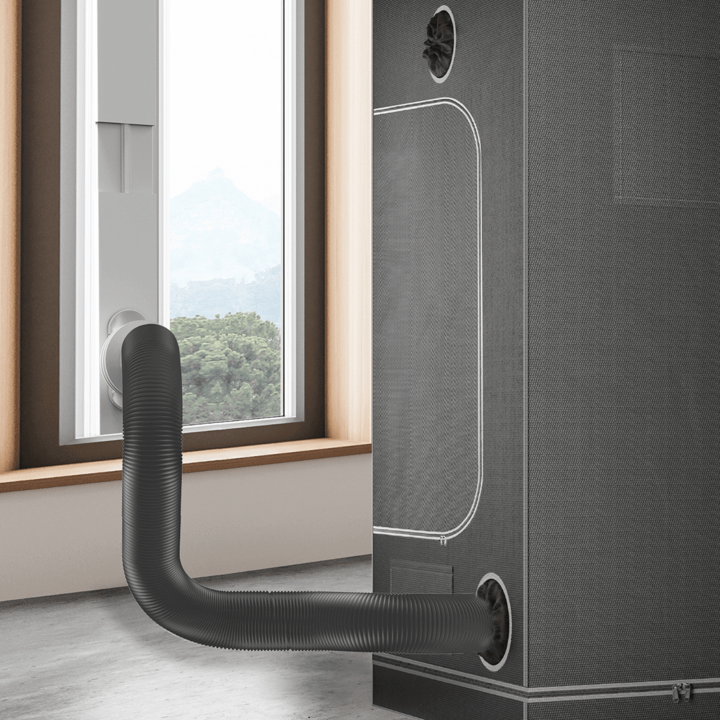 AC Infinity Window Duct Kit installed with adjustable rail for inline ventilation, enhancing air circulation and odor control