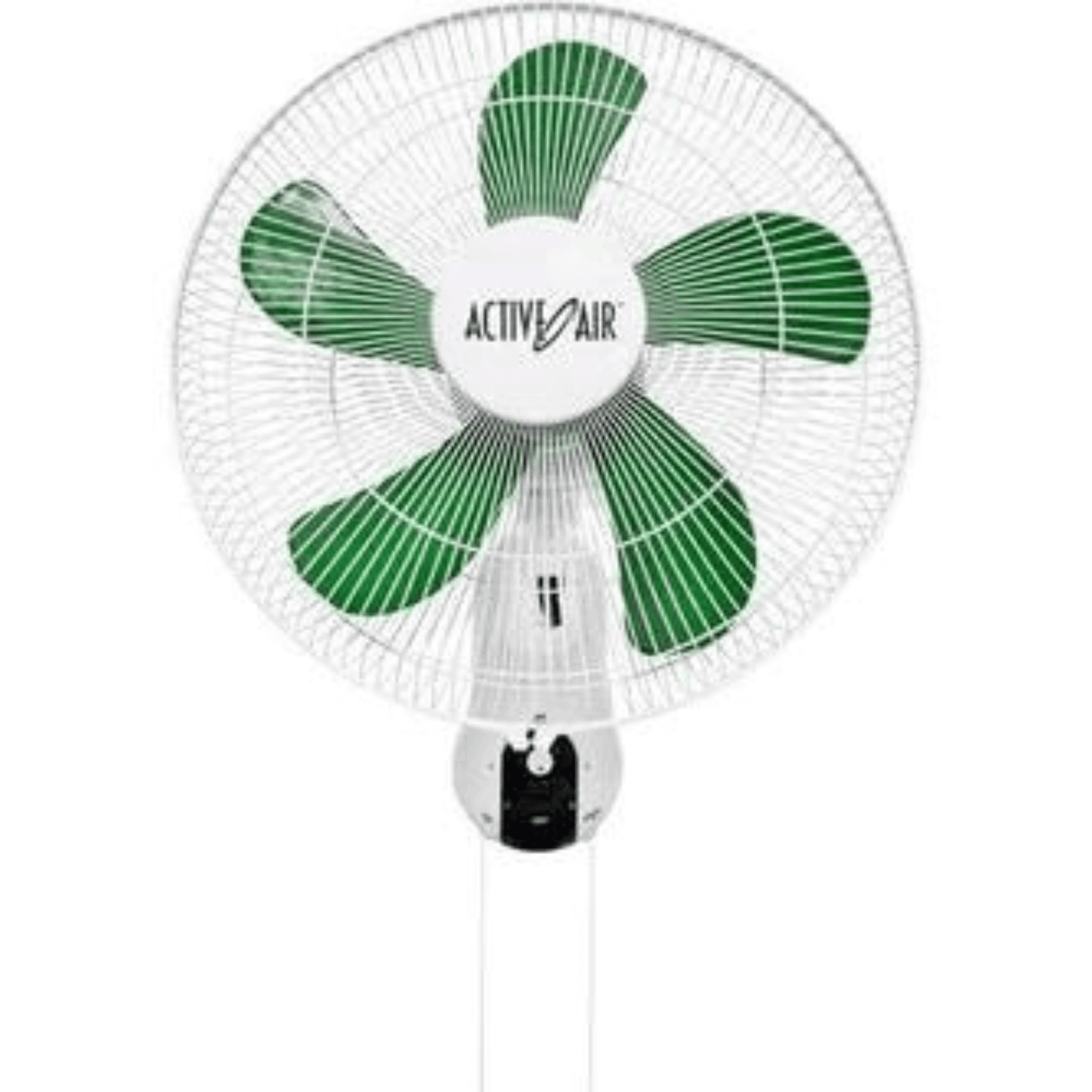 Active Air 16" Oscillating Wall Mount Fan with green blades and easy-mount design, featuring 3 speed settings and quiet operation.