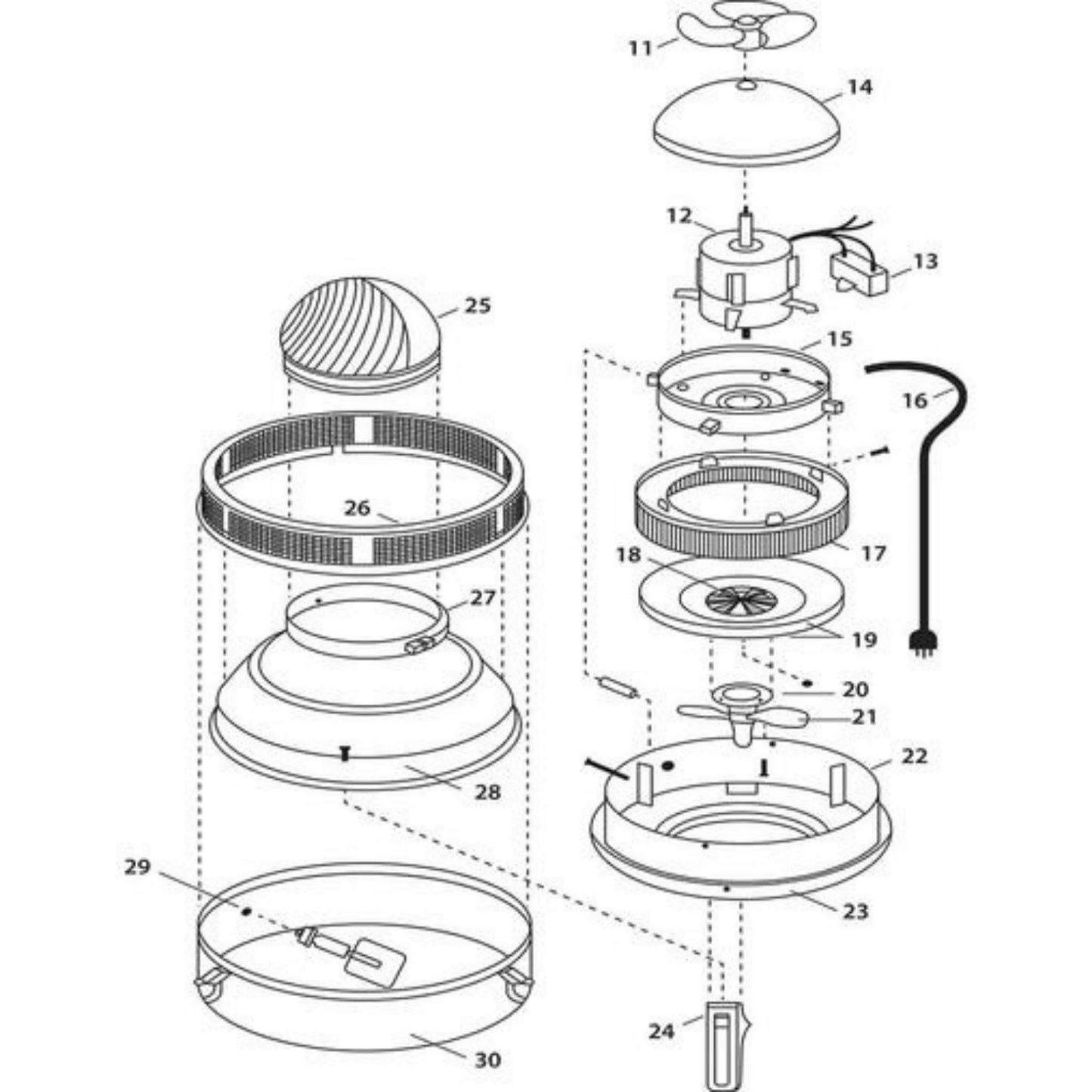 Exploded view diagram of Active Air Commercial Humidifier components for assembly and maintenance.