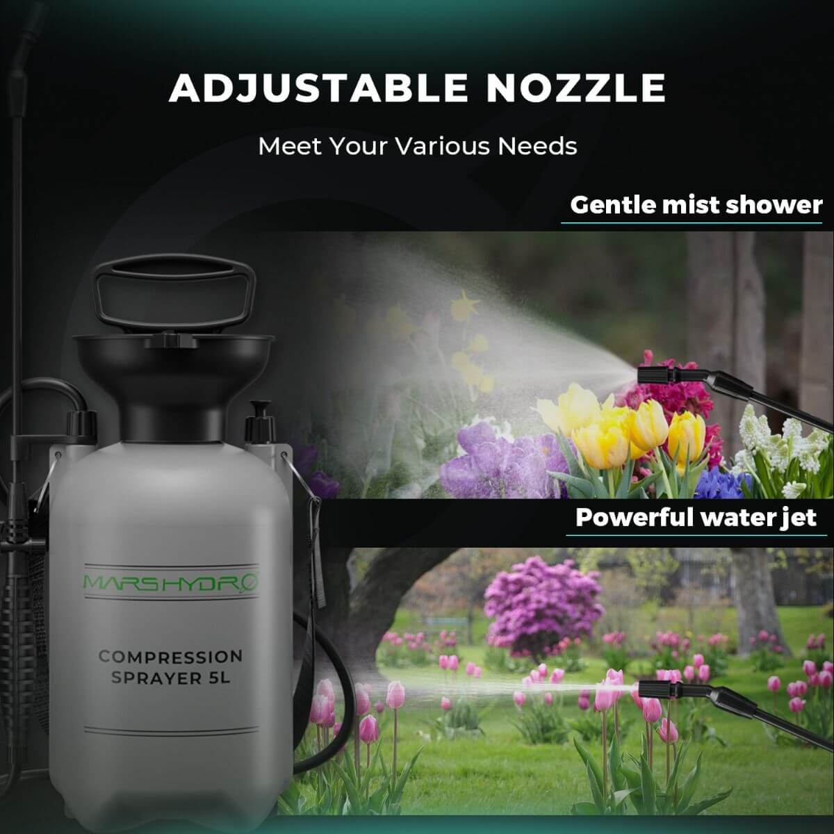 Mars Hydro 5L compression sprayer showcasing adjustable nozzle for gentle mist shower and powerful water jet.