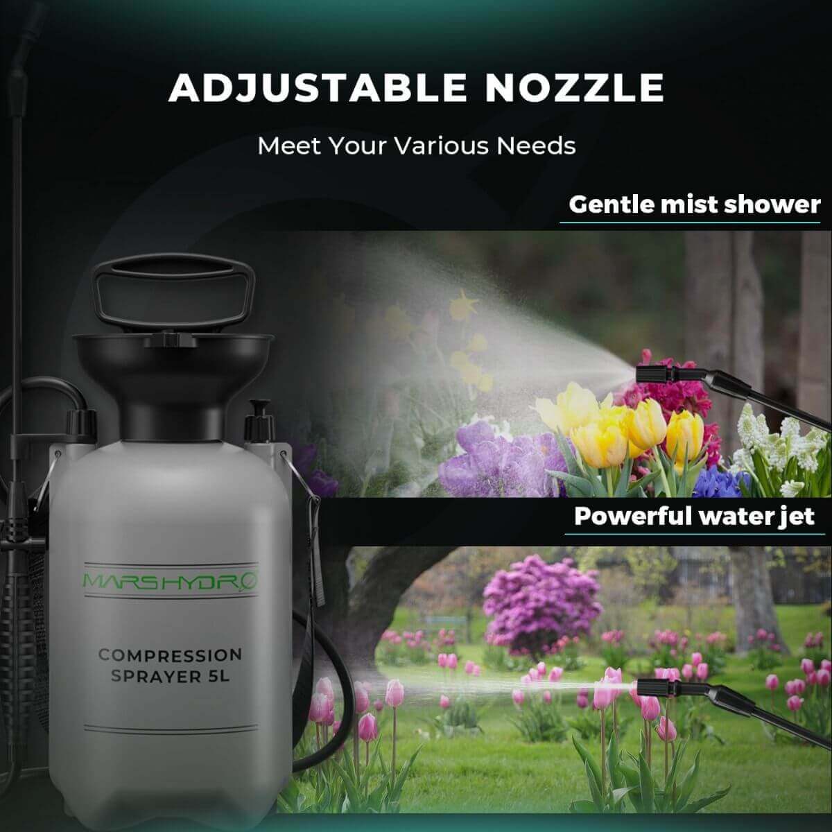 Mars Hydro 5L compression sprayer showcasing adjustable nozzle for gentle mist shower and powerful water jet.