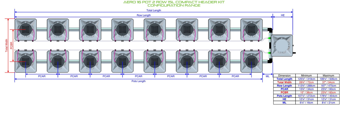 ALIEN Hydroponics AERO 16 Pot 2 Row 15L Compact Header Kit product image 1
