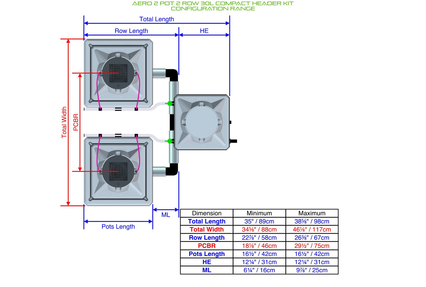 ALIEN Hydroponics AERO 2 Pot 2 Row 30L Compact Header Kit product image 2