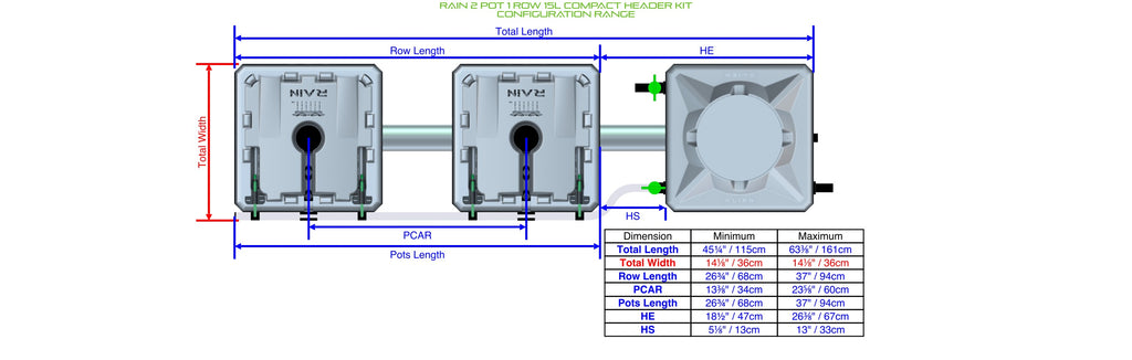 ALIEN Hydroponics RAIN 2 Pot 1 Row 15L Compact Header Kit product image 1