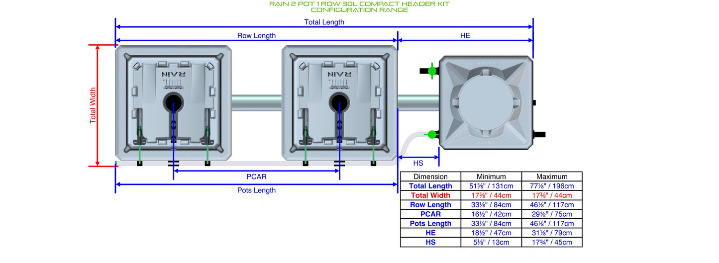 ALIEN Hydroponics RAIN 2 Pot 1 Row 30L Compact Header Kit product image 1