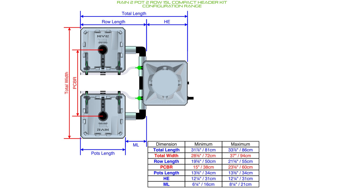 ALIEN Hydroponics RAIN 2 Pot 2 Row 15L Compact Header Kit product image 2