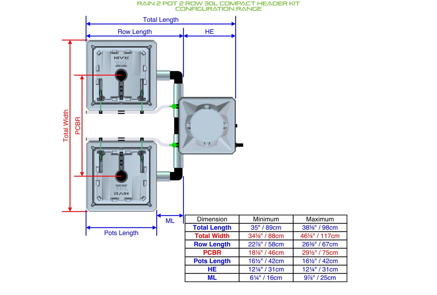 ALIEN Hydroponics RAIN 2 Pot 2 Row 30L Compact Header Kit product image 2